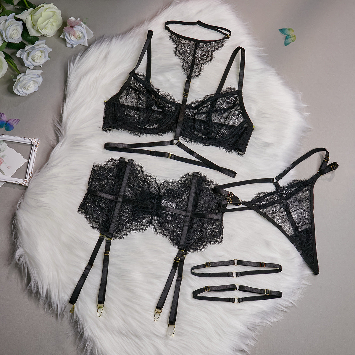 Three-piece Lace Eyelash Lace Fishbone Stitching Halter