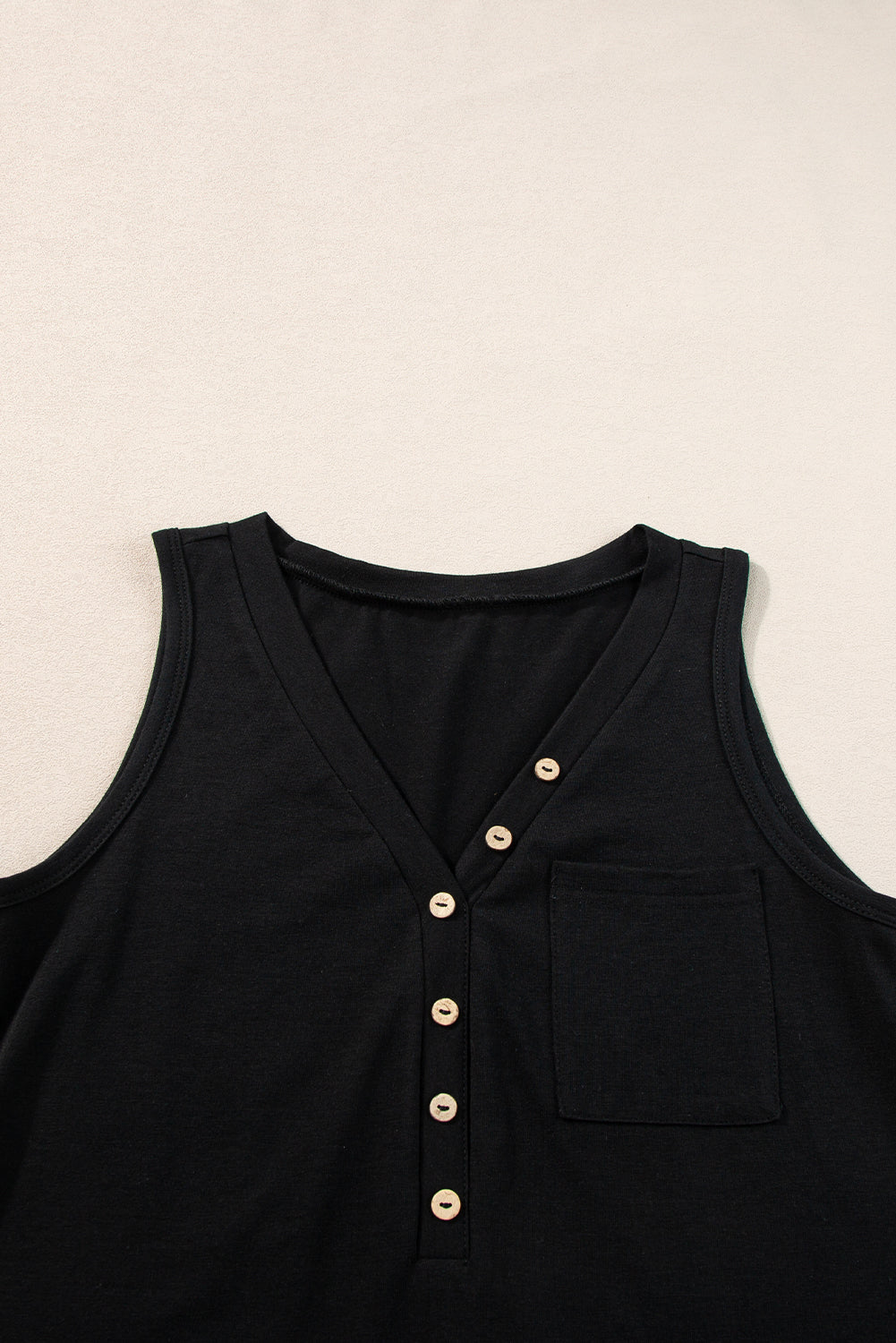 Cotton Blend Jungle Green Half Button V Neck Patched Pocket Tank Top