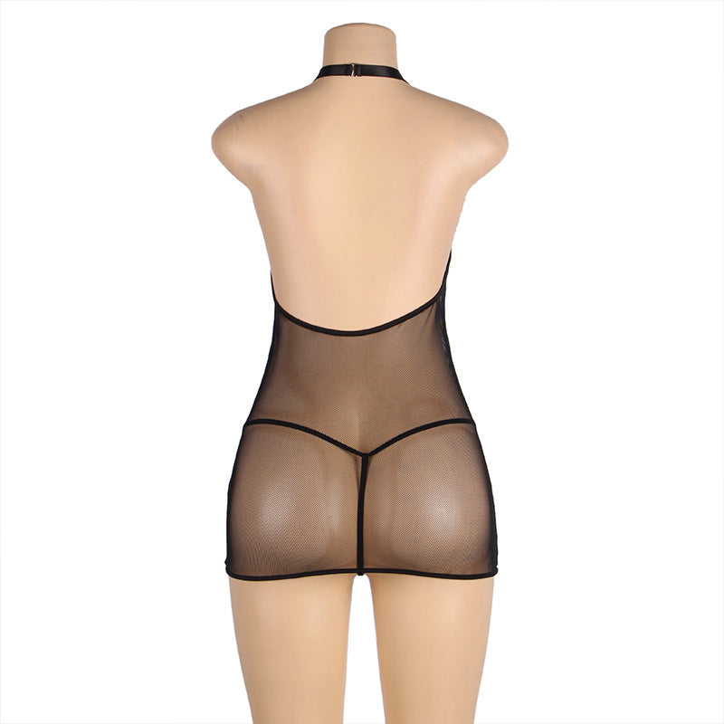 Hanging Neck Mesh Bound Garter Belt Jumpsuit
