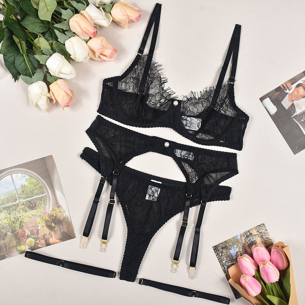 Pink See-through Lace Lingerie 4-piece Set | Also in White, Black or Red