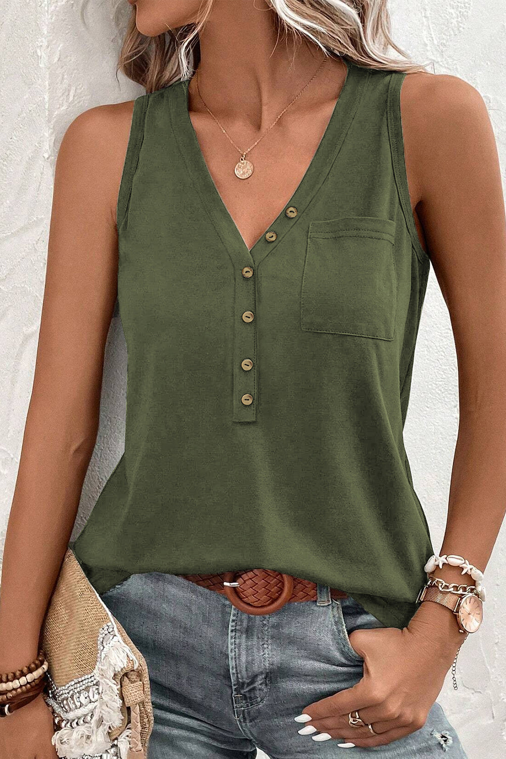 Cotton Blend Jungle Green Half Button V Neck Patched Pocket Tank Top