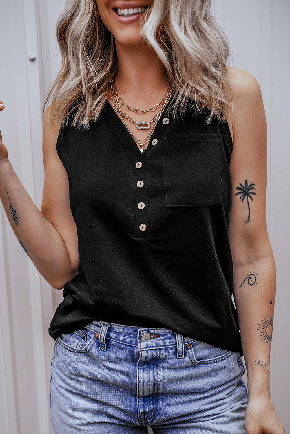 Cotton Blend Jungle Green Half Button V Neck Patched Pocket Tank Top