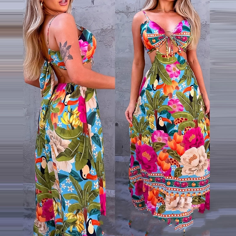 Tropical Printed Floral Halter Midriff Beach Dress