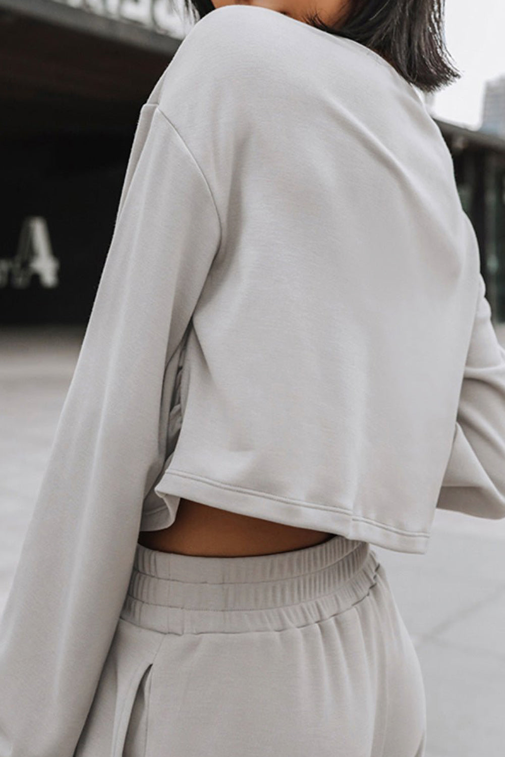 Cotton Blend Light Grey Solid Criss Cross Crop Top and Pants Active Set