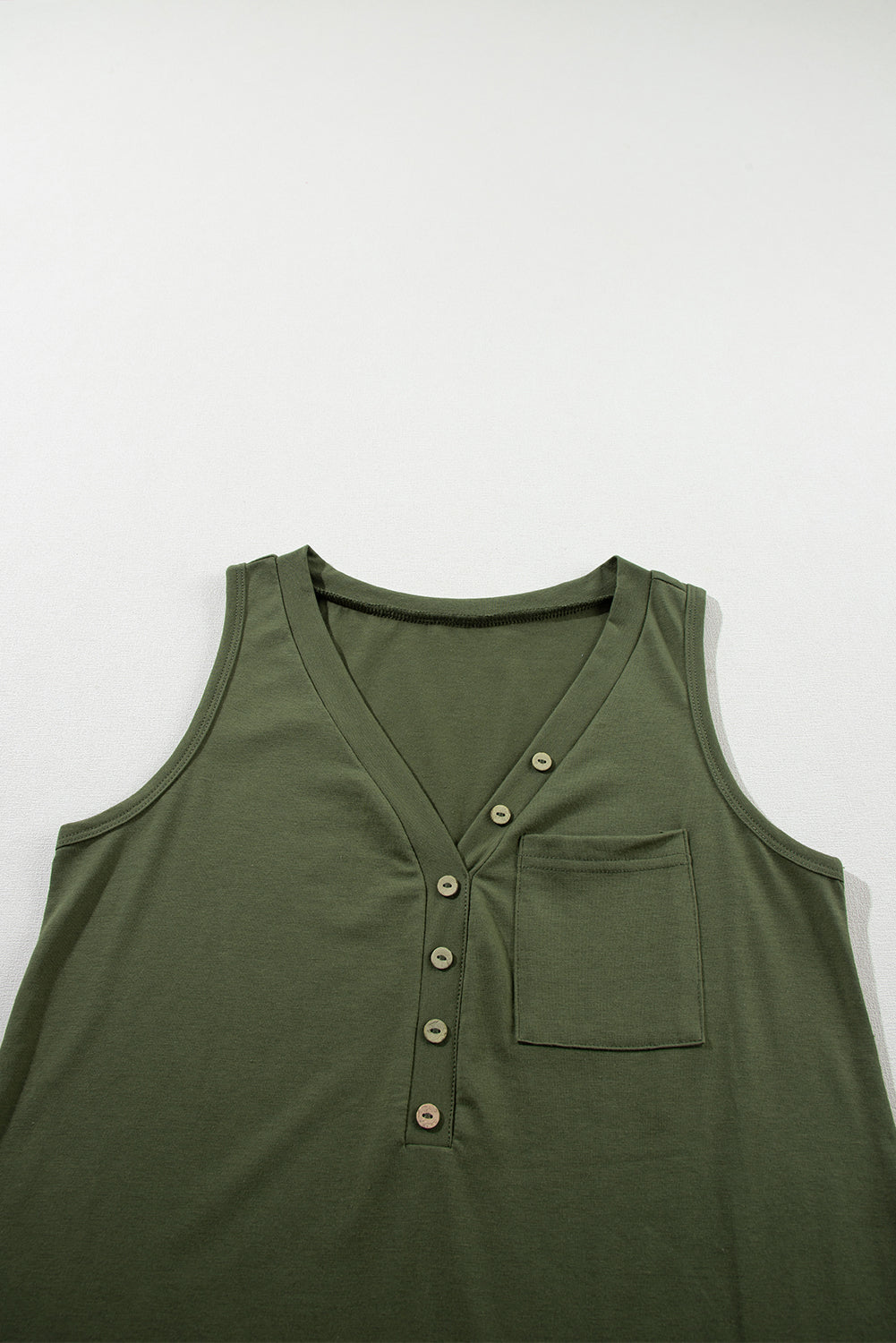 Cotton Blend Jungle Green Half Button V Neck Patched Pocket Tank Top