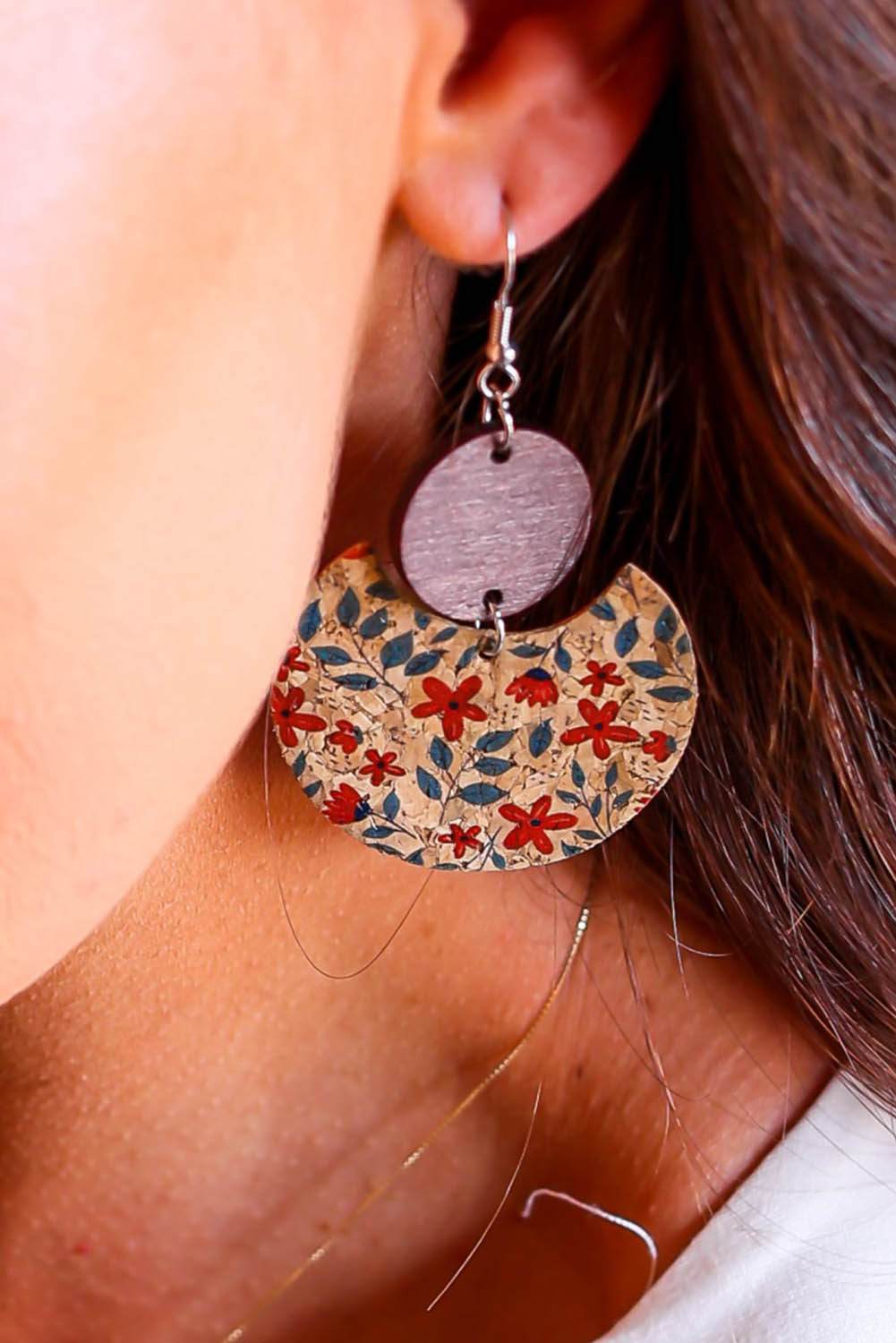 Multicolor Vintage Floral Print Geometric Wood Earrings