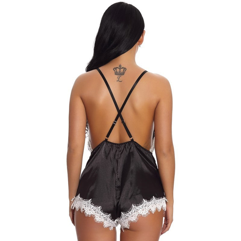 Sexy Satin Lace Edged One-Piece Bodysuit Pajamas