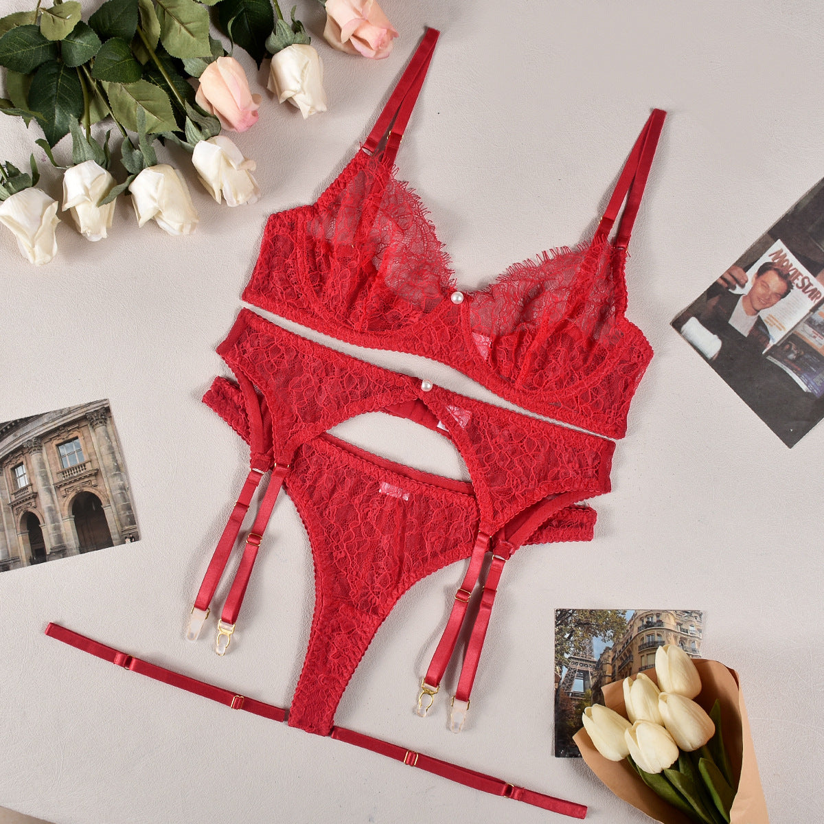 Pink See-through Lace Lingerie 4-piece Set | Also in White, Black or Red