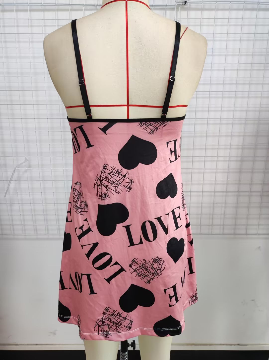 Silky Satin Love-Hearts Chemise Nightdress - Pink & Black