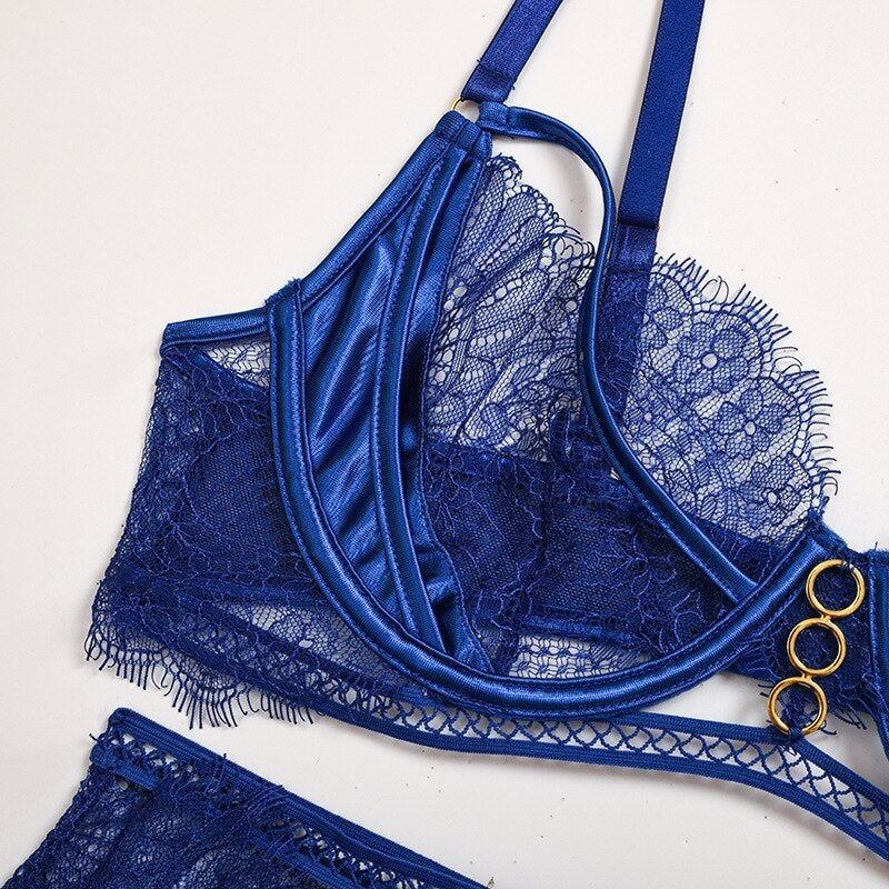 Sexy 3-Piece Blue Lace See Through Lingerie Set, Bra, Knickers and Garter with Ring Detailing