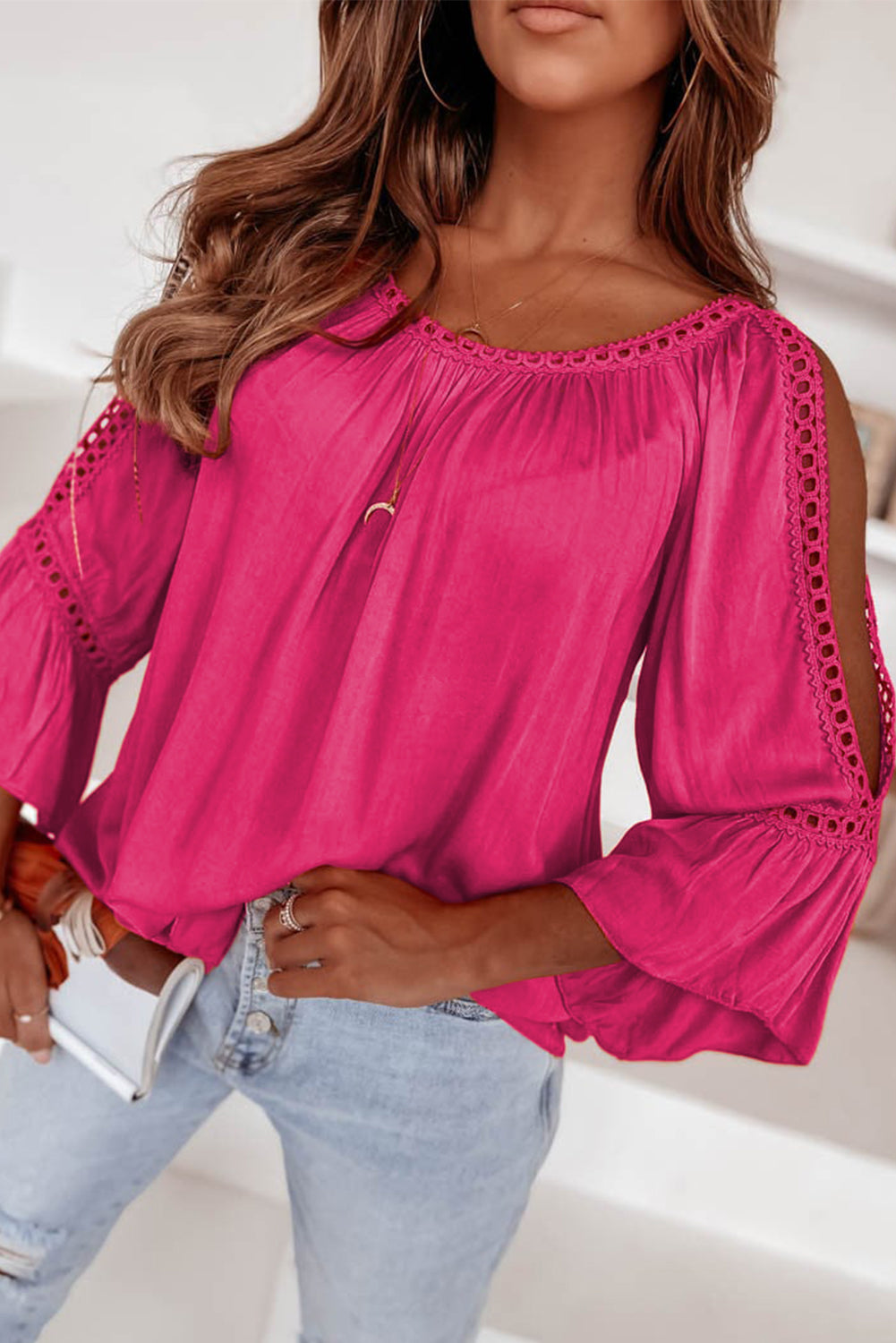 Lace Crochet Cut-Out Bracelet Sleeve Ruffle Blouse | 3 Colour Options