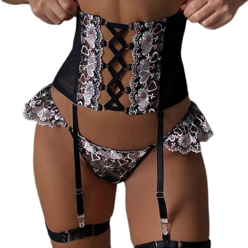 Women's Lace-up 3-Piece Lingerie Set With Waist Suspender Cincher