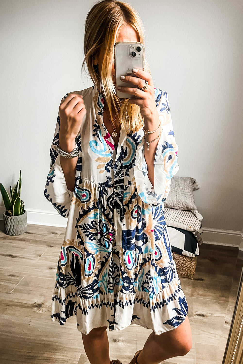 Bohemian Print Bracelet Sleeve Buttoned Mini Summer Dress