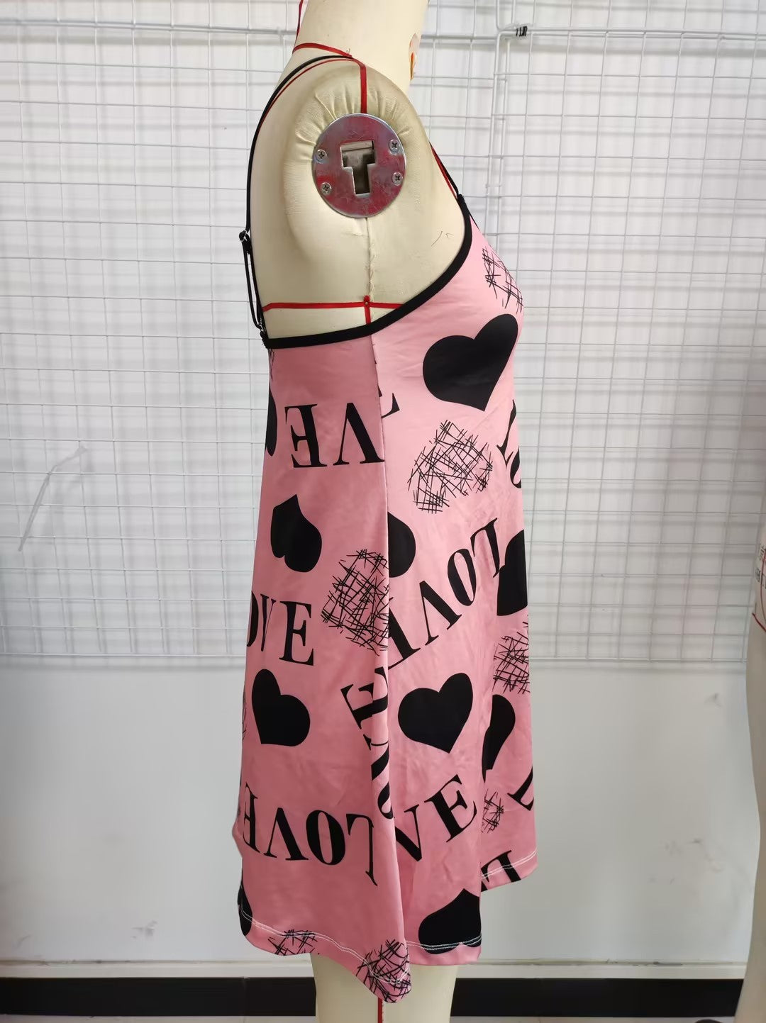 Silky Satin Love-Hearts Chemise Nightdress - Pink & Black