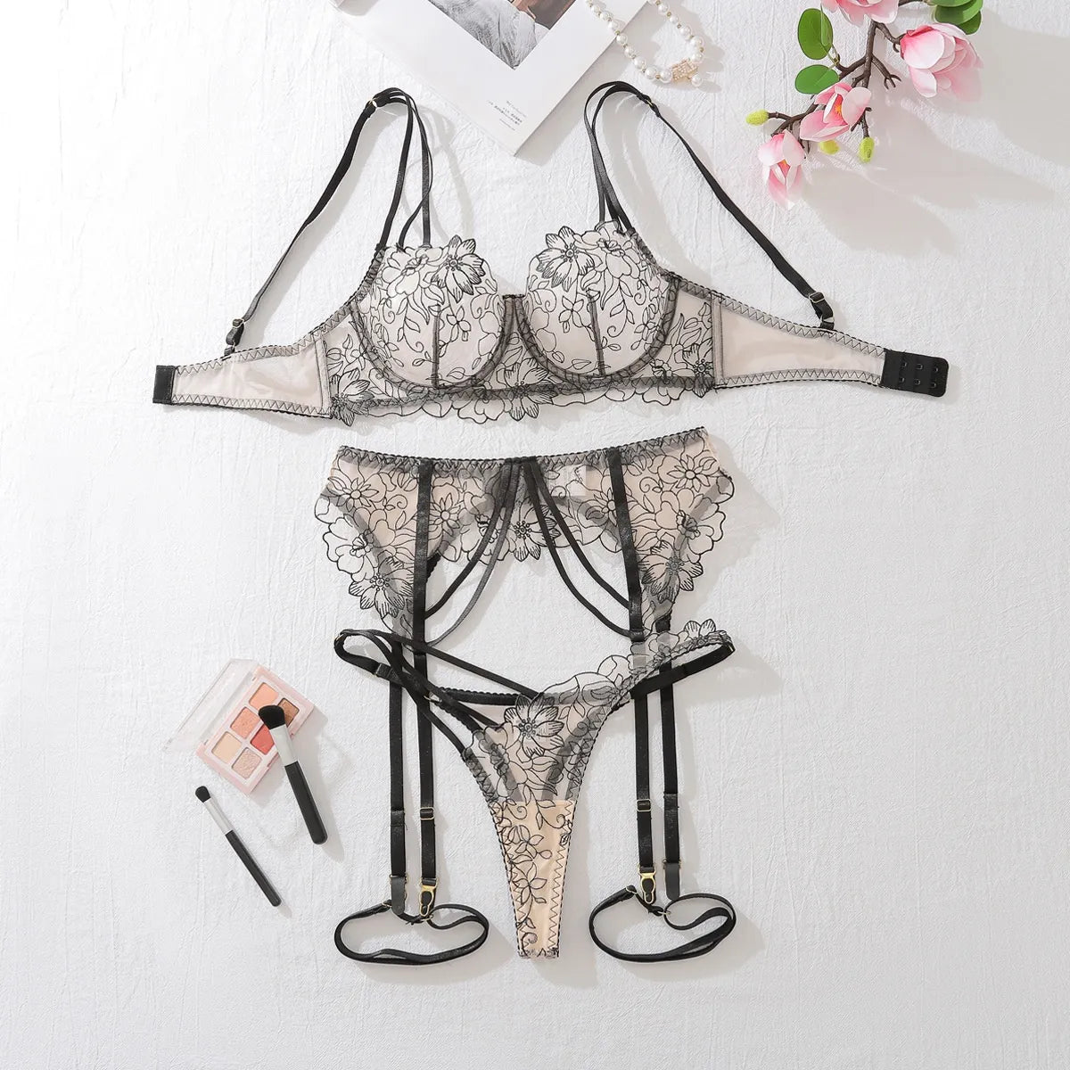 Cream and Black Embroidered Floral French Bridal Lingerie Set