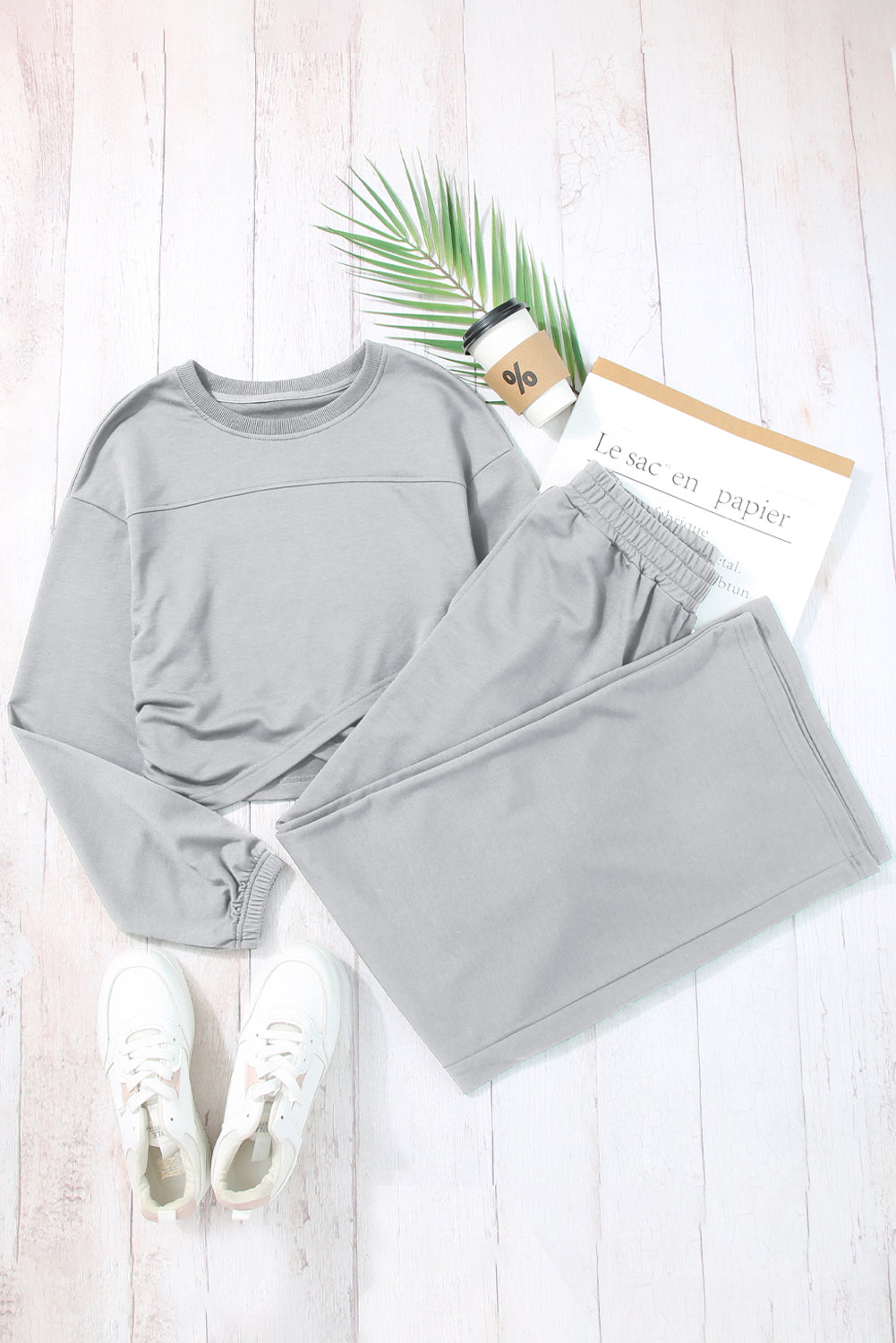 Cotton Blend Light Grey Solid Criss Cross Crop Top and Pants Active Set