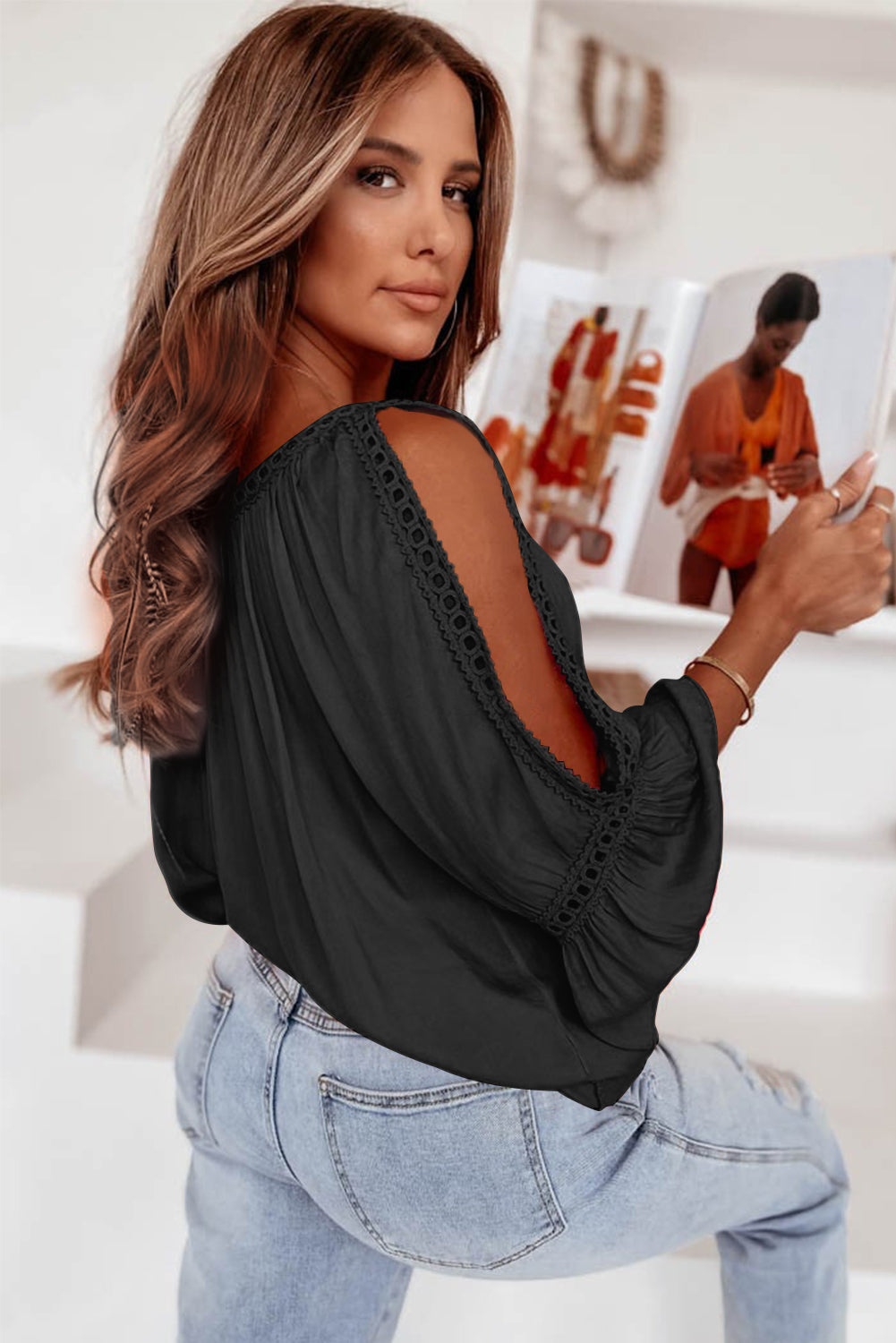 Lace Crochet Cut-Out Bracelet Sleeve Ruffle Blouse | 3 Colour Options