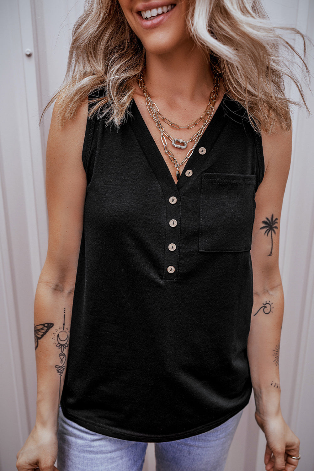 Cotton Blend Jungle Green Half Button V Neck Patched Pocket Tank Top