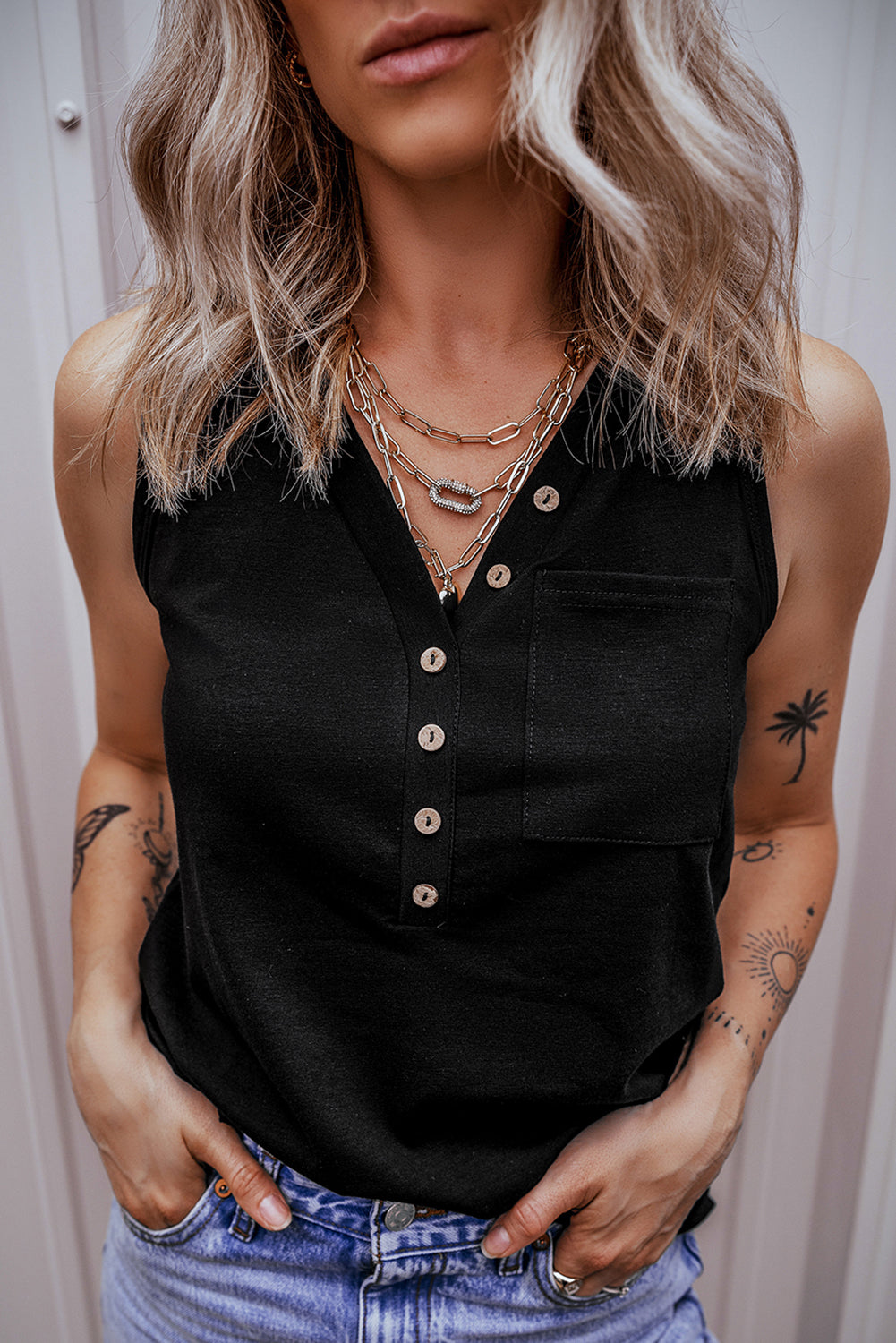 Cotton Blend Jungle Green Half Button V Neck Patched Pocket Tank Top