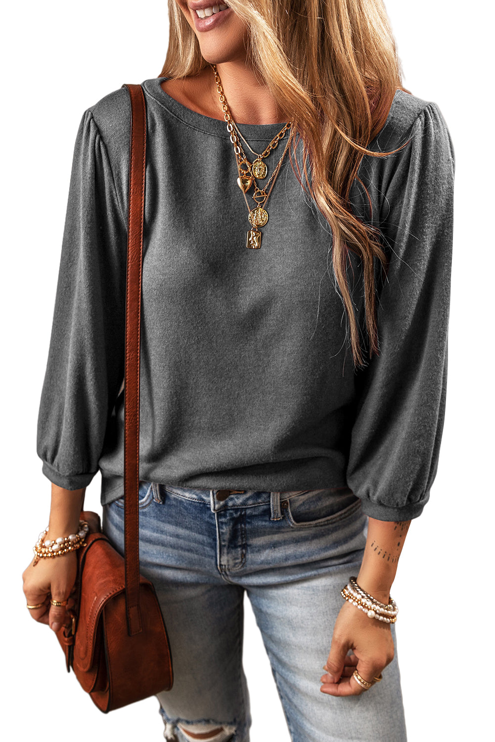 Solid Colour 3/4 Sleeve Round Neck Loose Fit Top | 3 Colour Choices