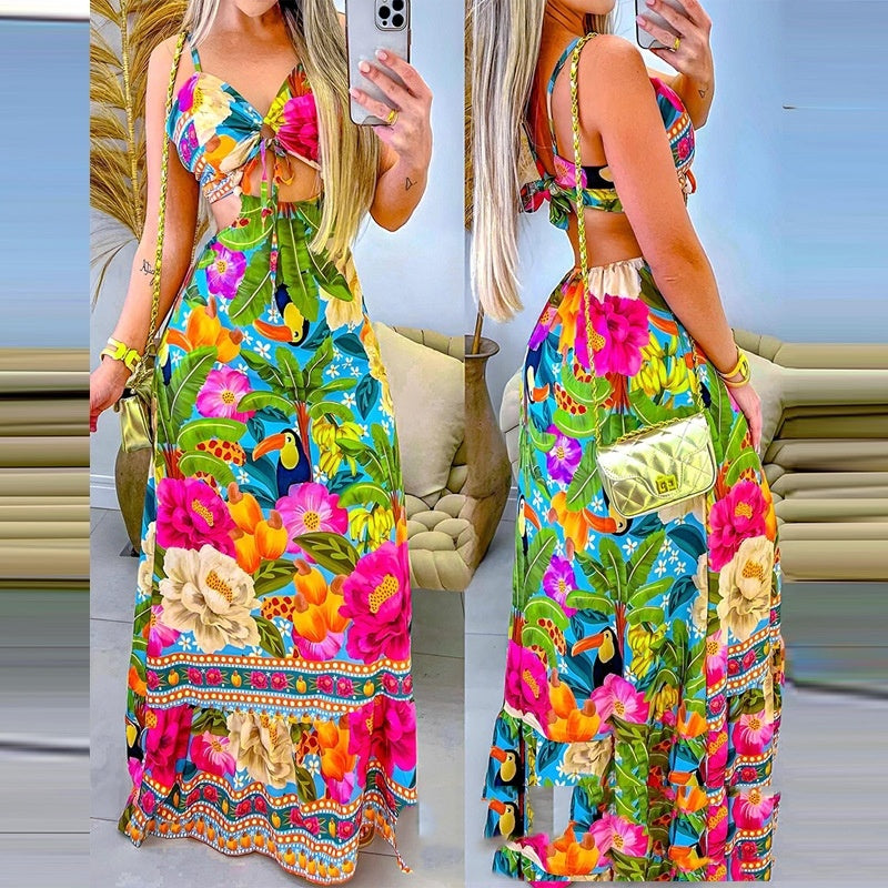 Tropical Printed Floral Halter Midriff Beach Dress