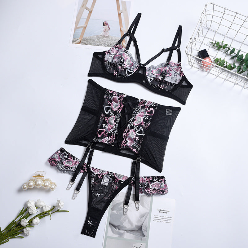 Women's Lace-up 3-Piece Lingerie Set With Waist Suspender Cincher