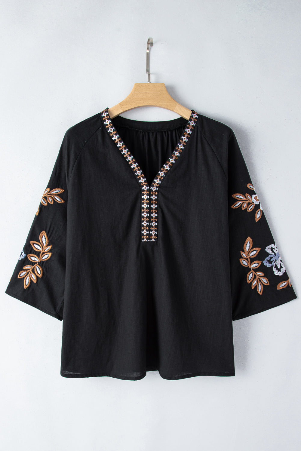 Black Bohemian Floral Embroidered V-Neck Blouse 100% Cotton Top