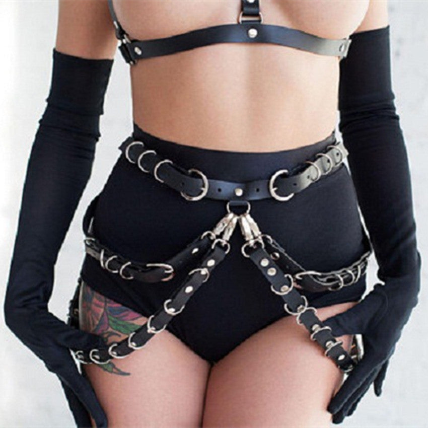 Leather Bondage Waist Belt Harness with Steel Rings
