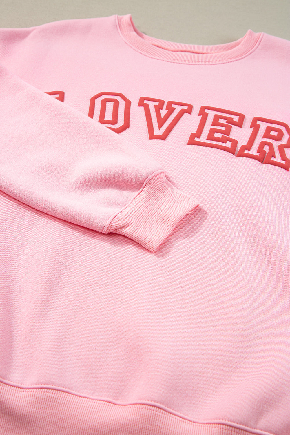 Cotton Blend Pink LOVER Puff Print Drop Shoulder Pullover Sweatshirt