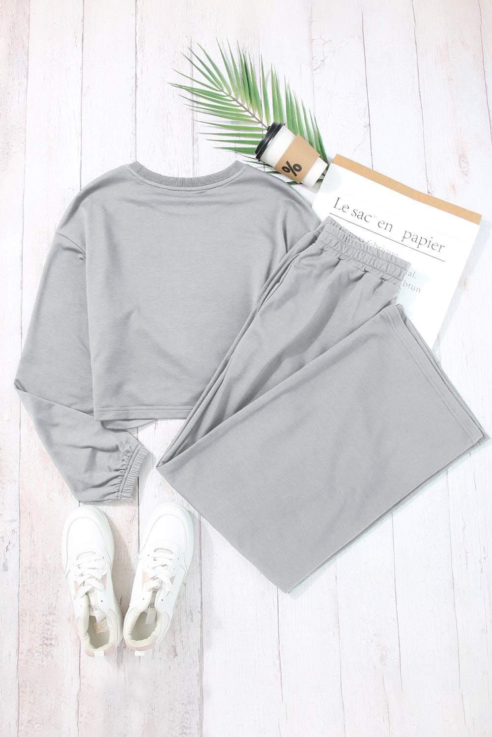 Cotton Blend Light Grey Solid Criss Cross Crop Top and Pants Active Set