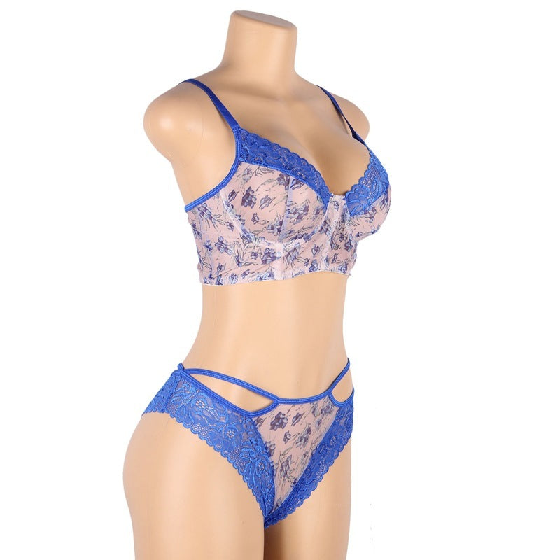 2 Piece Blue Floral Lingerie Set with High Waisted Knickers