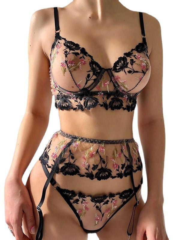 Embroidered See Through Lace 3 Piece Luxury Lingerie Set