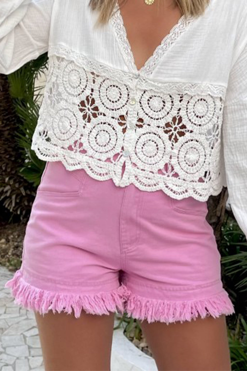 Pink Frayed Edge Mid Rise Denim Shorts 100% Cotton