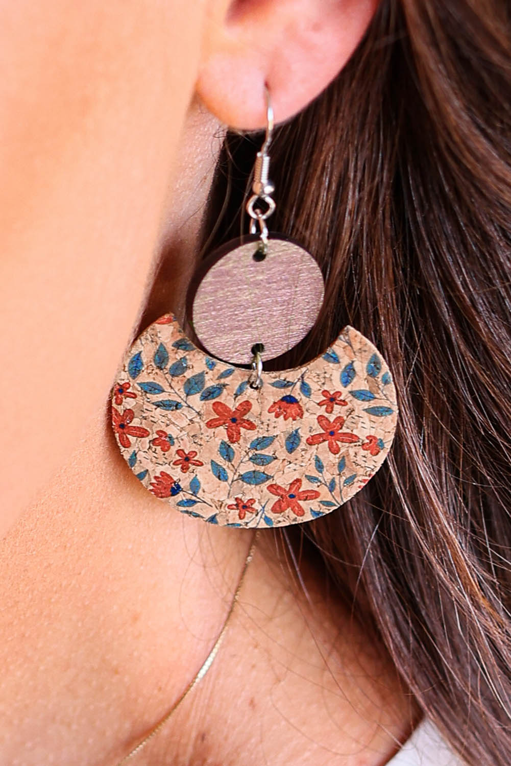 Multicolor Vintage Floral Print Geometric Wood Earrings