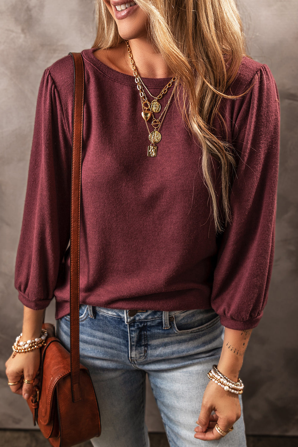 Solid Colour 3/4 Sleeve Round Neck Loose Fit Top | 3 Colour Choices