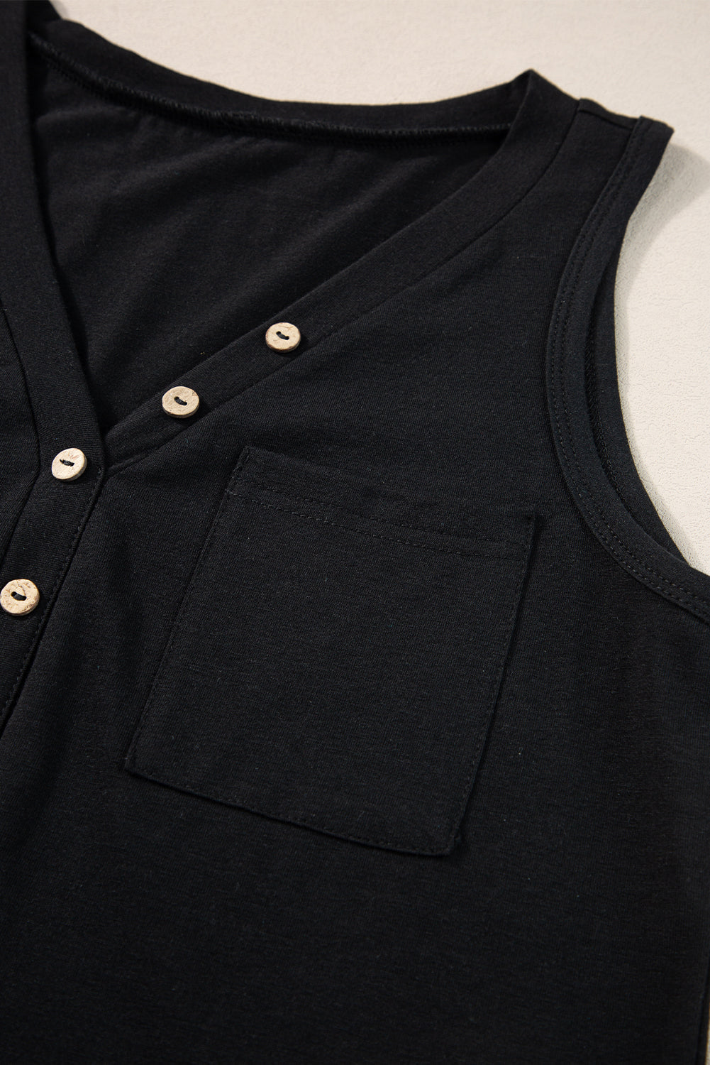 Cotton Blend Jungle Green Half Button V Neck Patched Pocket Tank Top