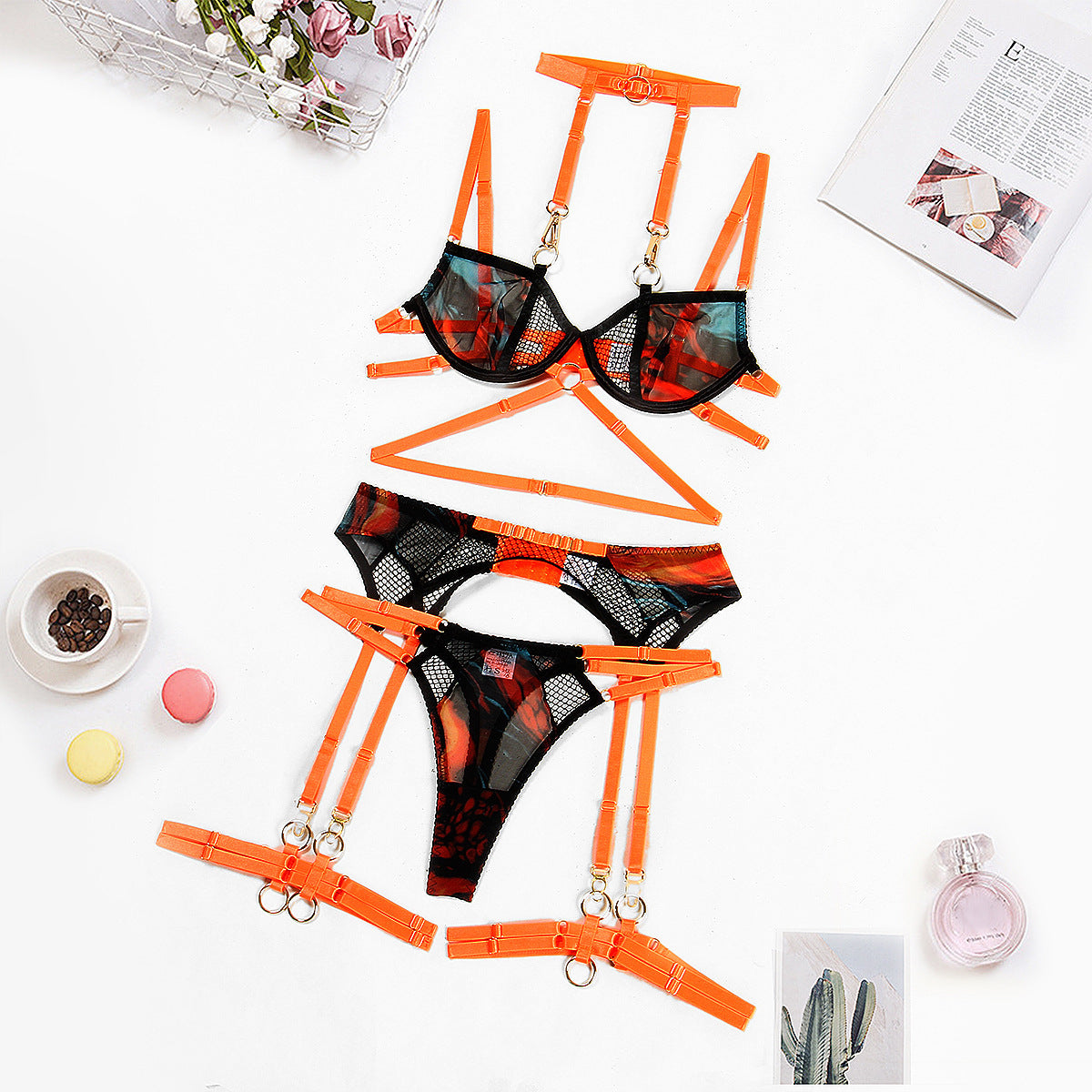 Stunning 3 Piece Halter Neck Mesh Lingerie Set - 2 Colour Options