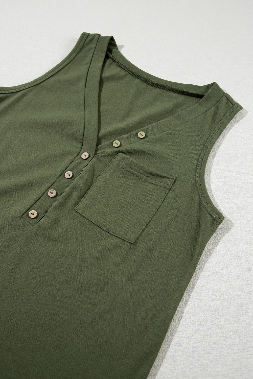 Cotton Blend Jungle Green Half Button V Neck Patched Pocket Tank Top