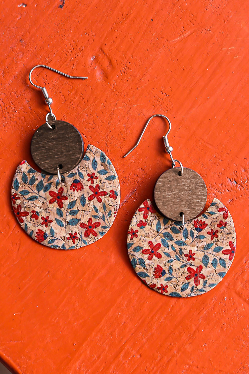 Multicolor Vintage Floral Print Geometric Wood Earrings