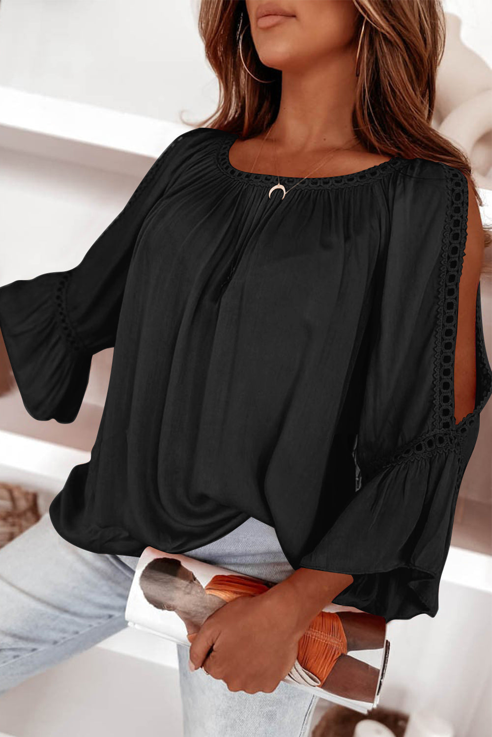 Lace Crochet Cut-Out Bracelet Sleeve Ruffle Blouse | 3 Colour Options