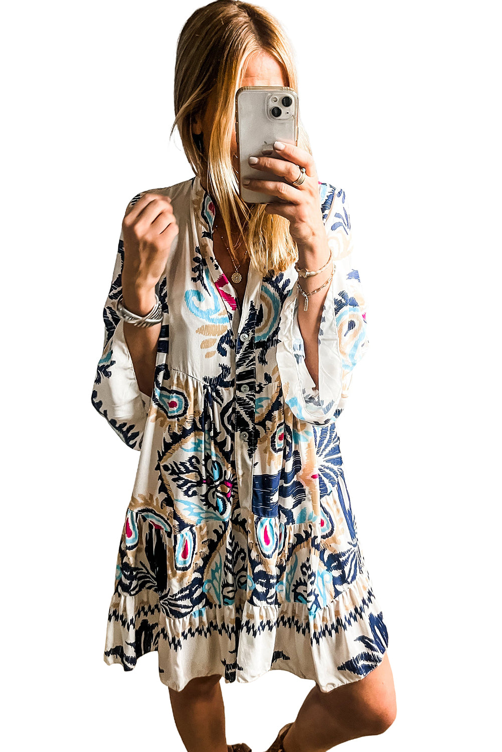 Bohemian Print Bracelet Sleeve Buttoned Mini Summer Dress