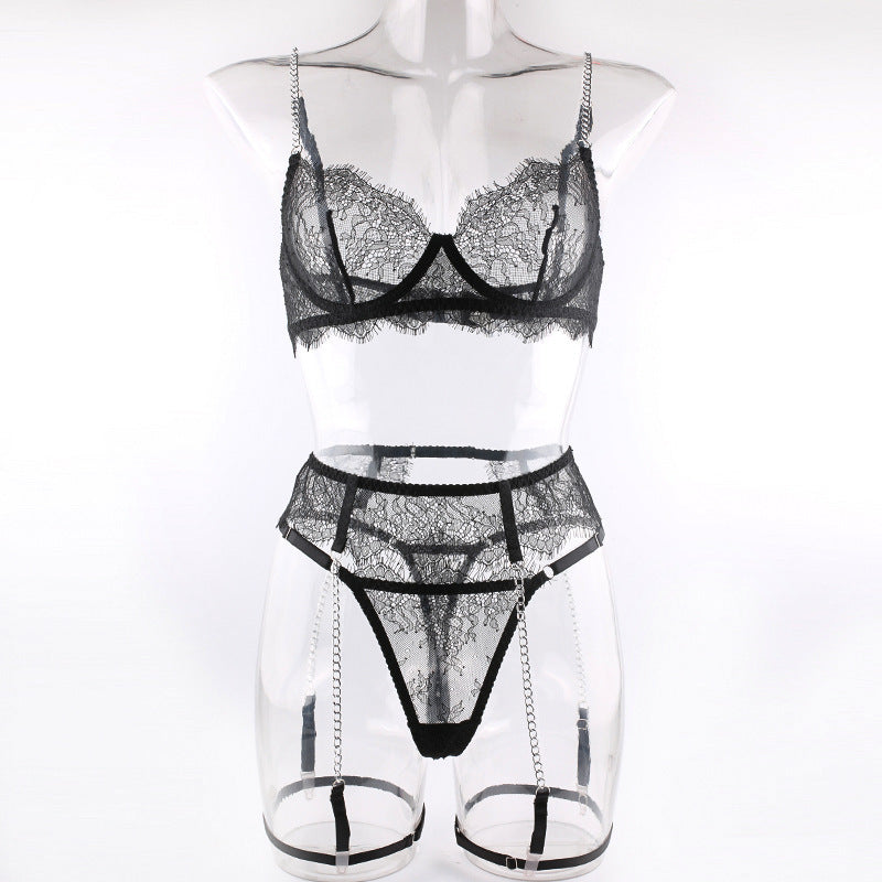Sexy Black Lace Bra Fashion Metal Chain Garter Underwear Lingerie Set