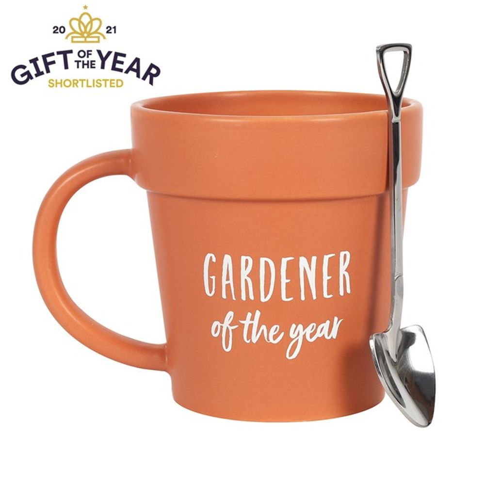 Pot Planter Mug and Shovel Shaped Spoon - Gardener of the Year Inscription