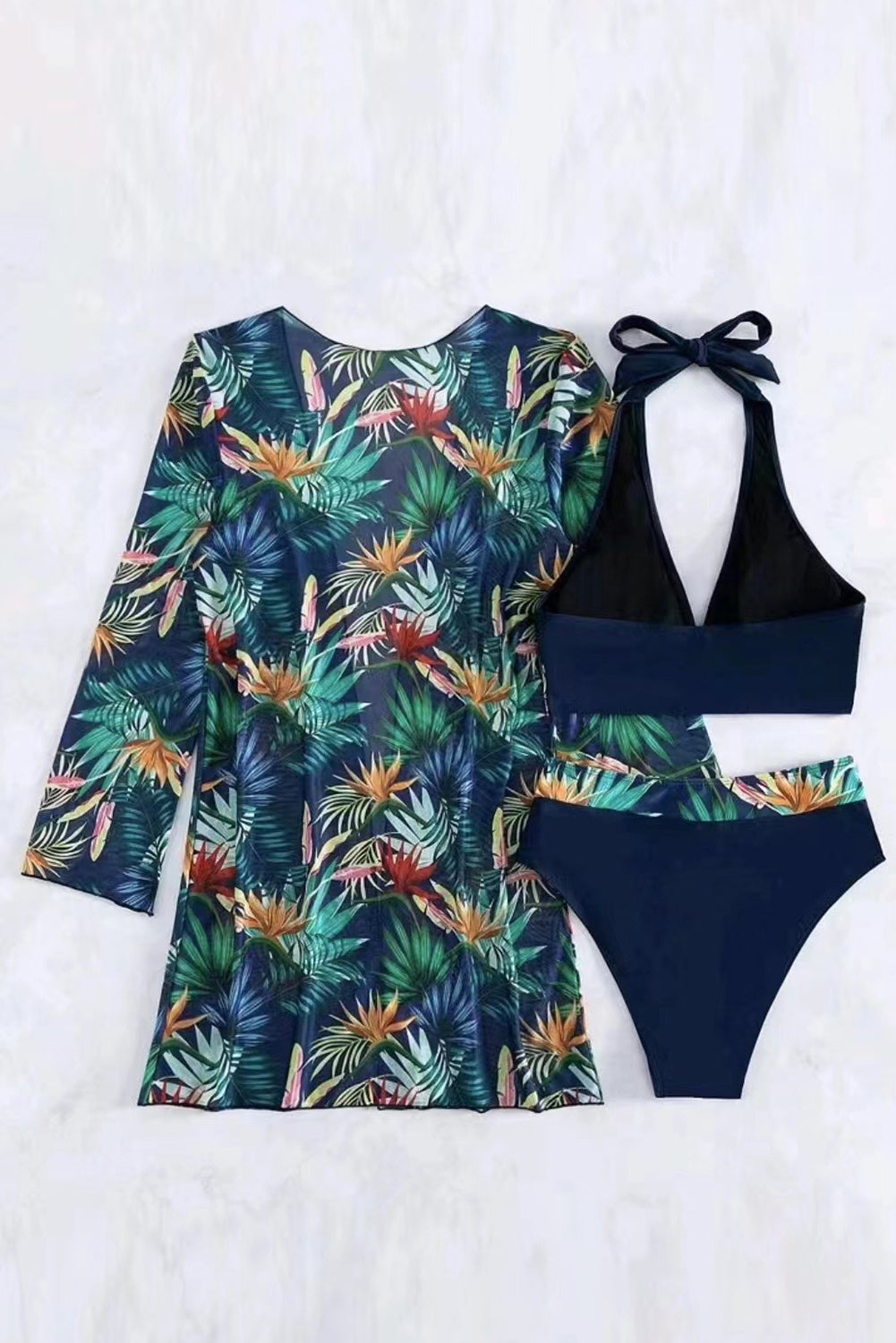 Laurel Green 3pcs Tropical Contrast Trim Halter Bikini Set with Cover up