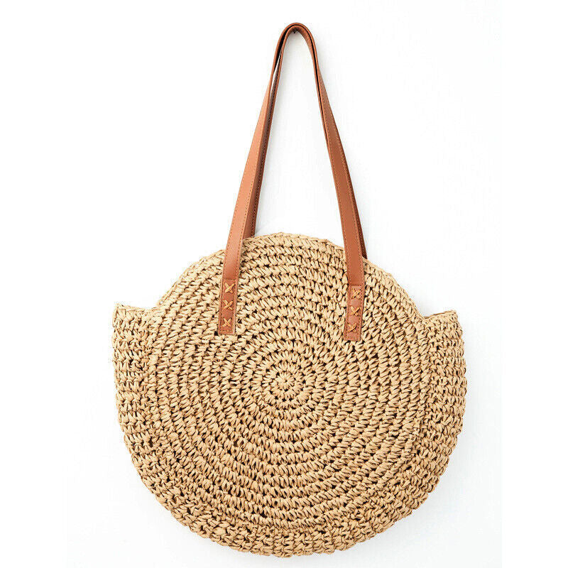 Boho Woven Round Rattan Shoulder Beach Tote