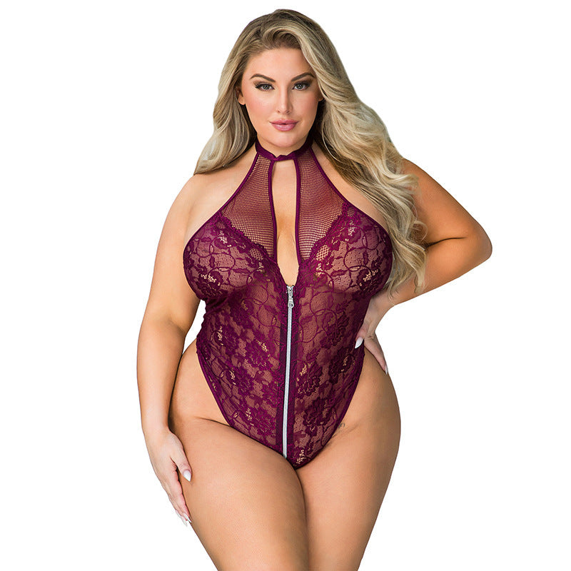 Plus Size Font Zipped Lace Bodysuit Lingerie | Black or Red