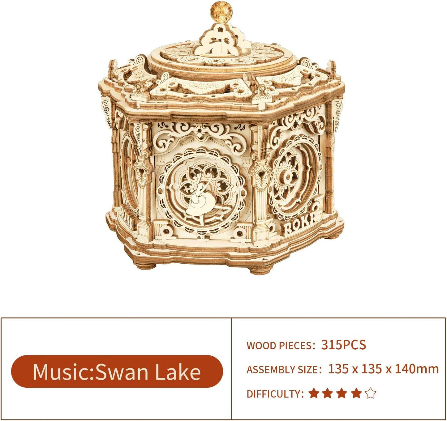 ROKR DIY Mechanical Music Box Kit 3D Wooden Puzzle - Swan Lake Melody