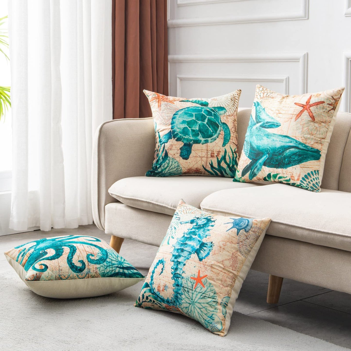 Ocean Theme Linen Cushion Covers Sea Turtles, Octopuses and More 45x45