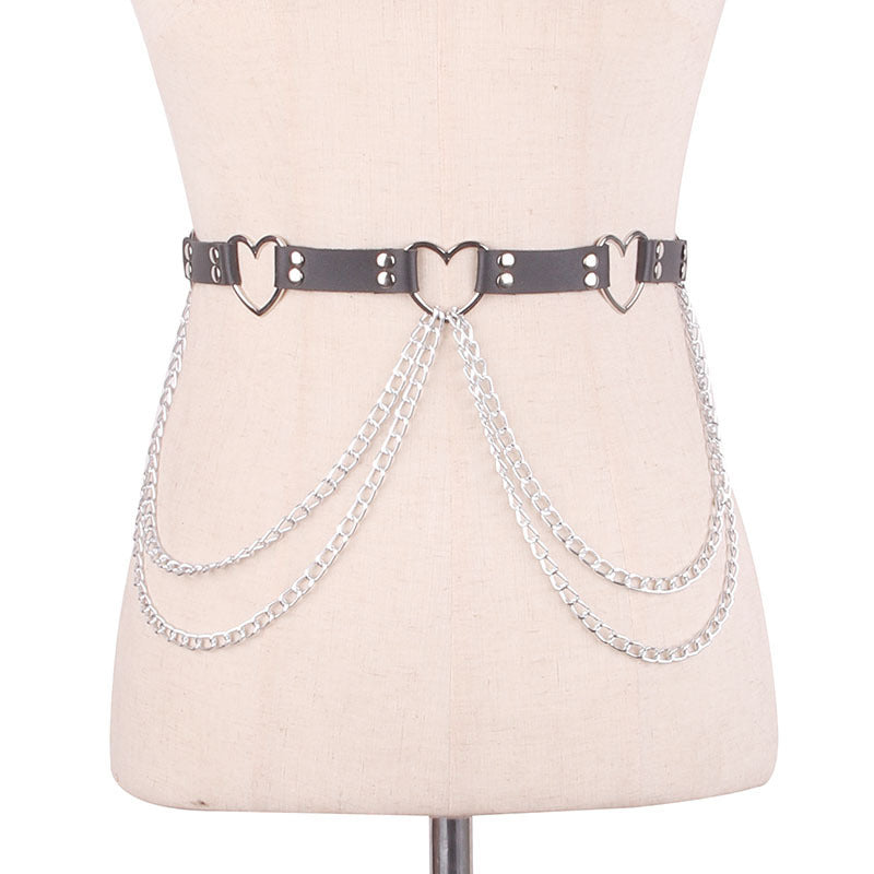 Punk Leather Belt With Heart-shaped Metal Trim and Chains | 8 Colour Options