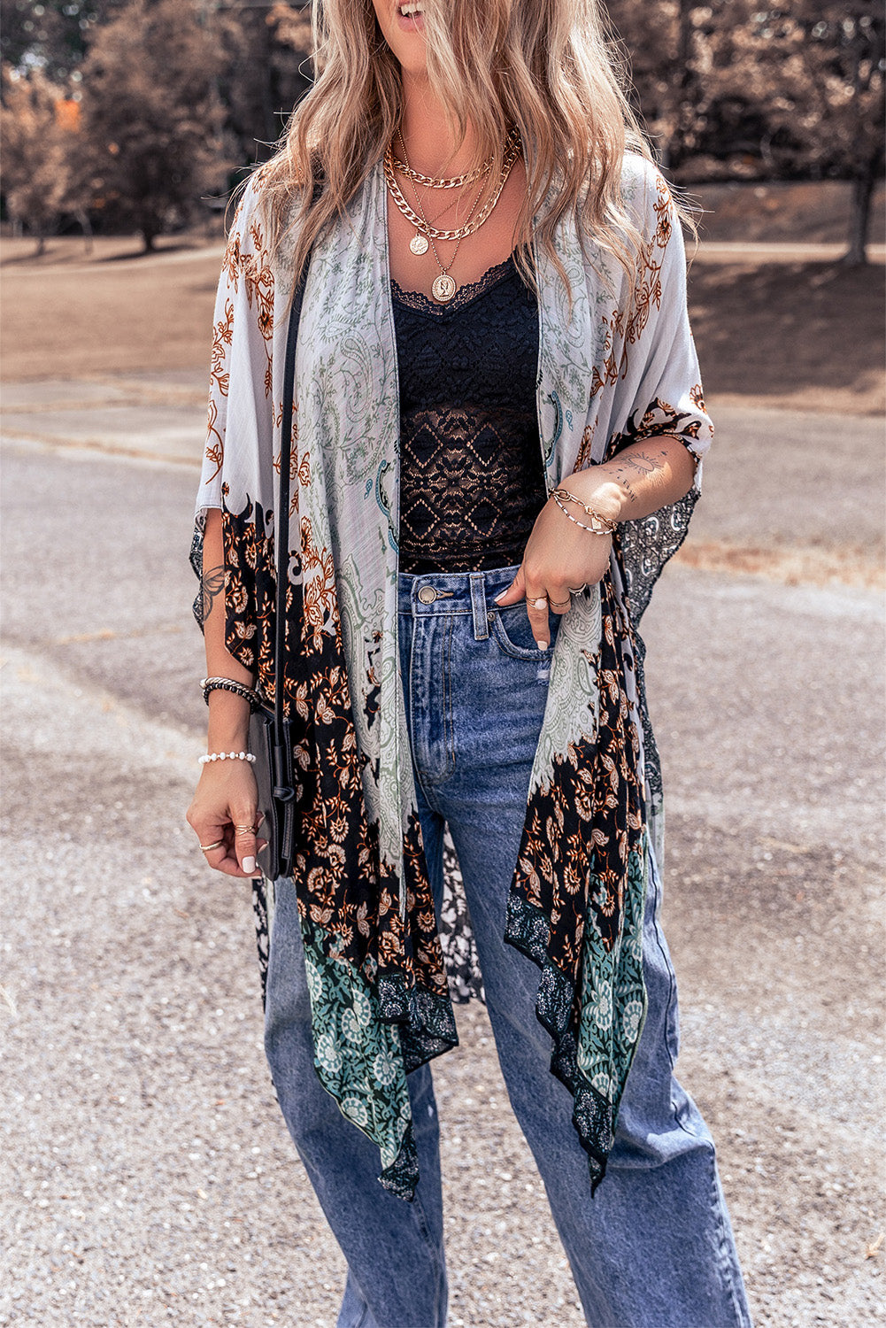 Boho Floral Print Beach Kimono